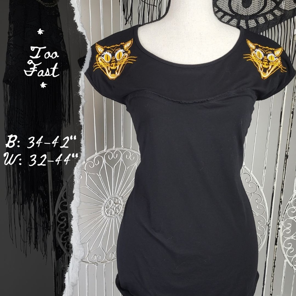 Too Fast Black Top with Gold Demon Cat Embroidered Chest And Back Goth